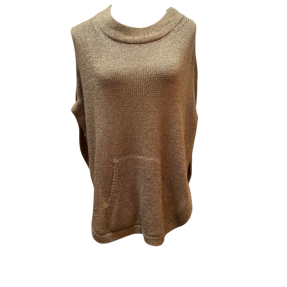 Chicos Metallic Gold Knit Poncho Sweater Kangaroo‎ Pocket S/M Glam Boho Holiday